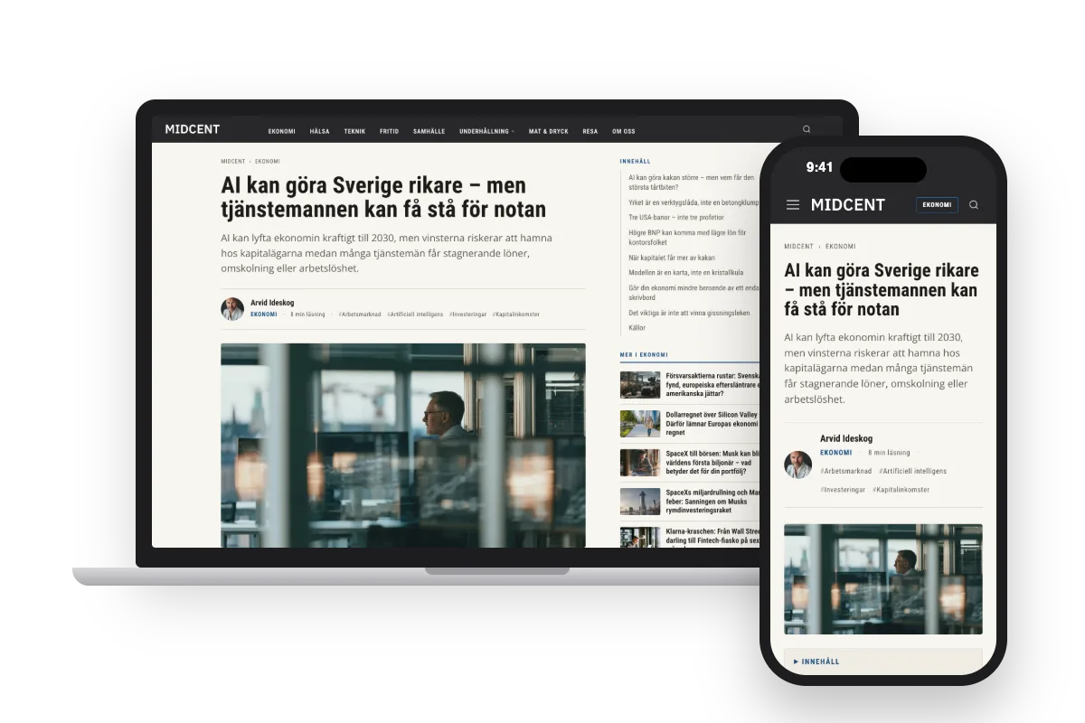 En Midcent-artikel på en laptop och en mobil