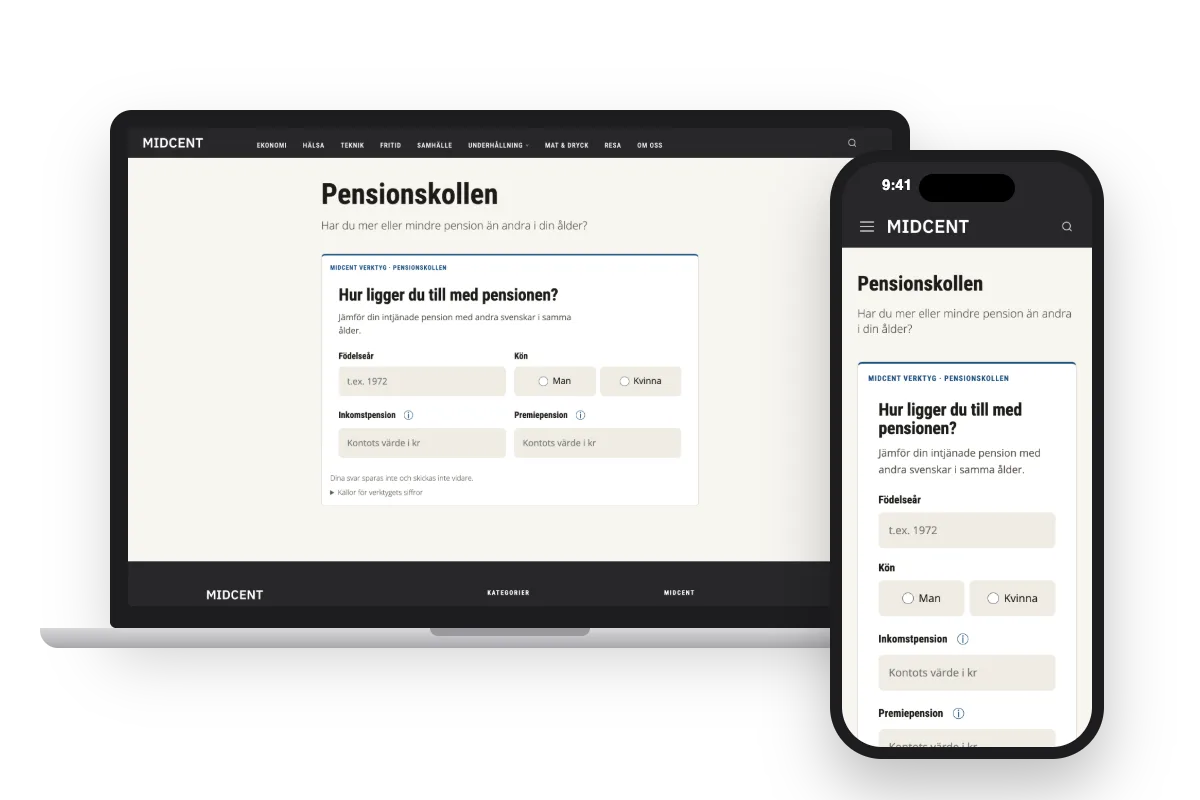 Midcents verktyg Pensionskollen på en laptop och en mobil