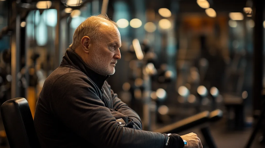 Person som sitter i ett gym, klädd i träningskläder. Fokuserad uttryck, eventuell vila efter träning. Bakgrunden visar gymutrustning och dämpad belysning vilket ger en intensiv och energisk atmosfär. Midcent. Kategori: Hälsa.