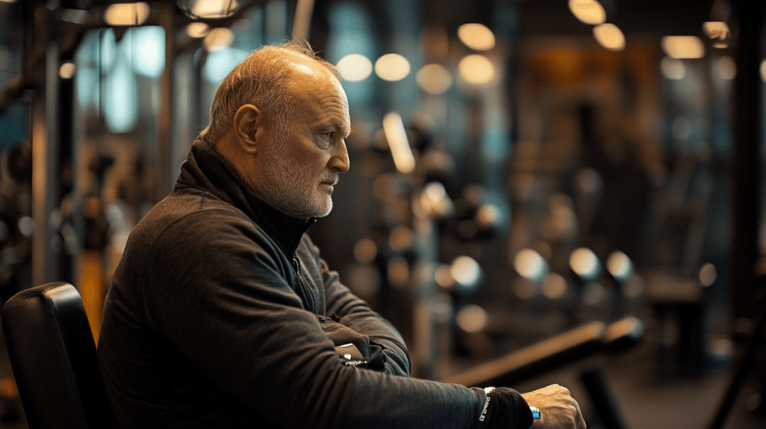 Person som sitter i ett gym, klädd i träningskläder. Fokuserad uttryck, eventuell vila efter träning. Bakgrunden visar gymutrustning och dämpad belysning vilket ger en intensiv och energisk atmosfär. Midcent. Kategori: Hälsa.
