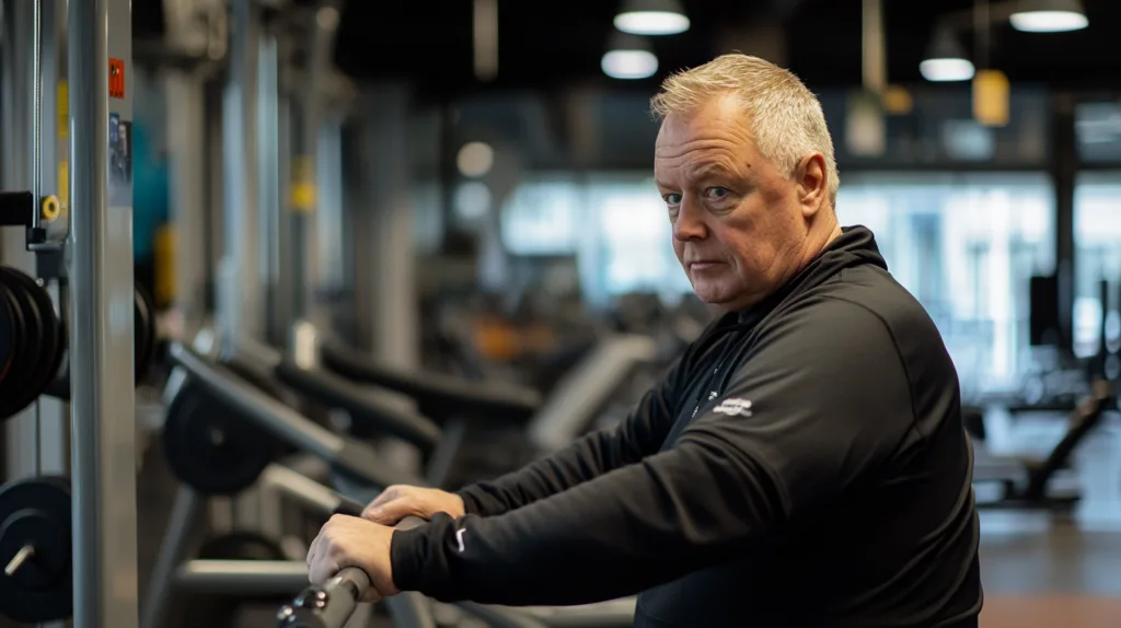 Midcent Hälsa: En fokuserad man i gymmiljö står vid en träningsmaskin, iklädd sportkläder. Den lugna och koncentrerade atmosfären visar engagemang i fysisk aktivitet och hälsa, vilket inspirerar till välbefinnande och träning.