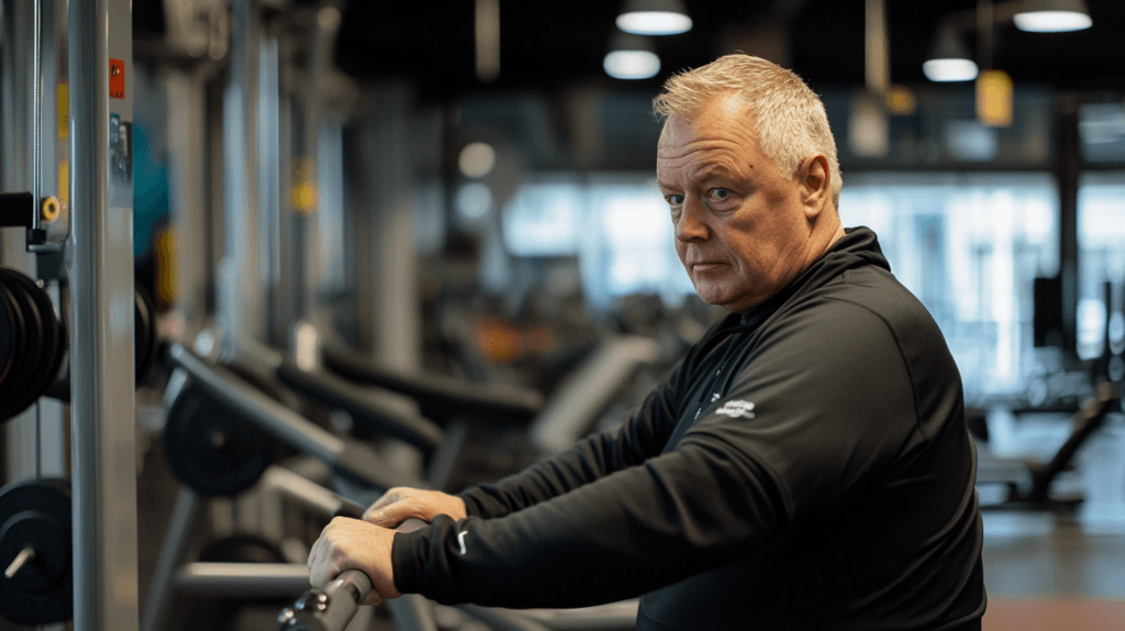 Midcent Hälsa: En fokuserad man i gymmiljö står vid en träningsmaskin, iklädd sportkläder. Den lugna och koncentrerade atmosfären visar engagemang i fysisk aktivitet och hälsa, vilket inspirerar till välbefinnande och träning.