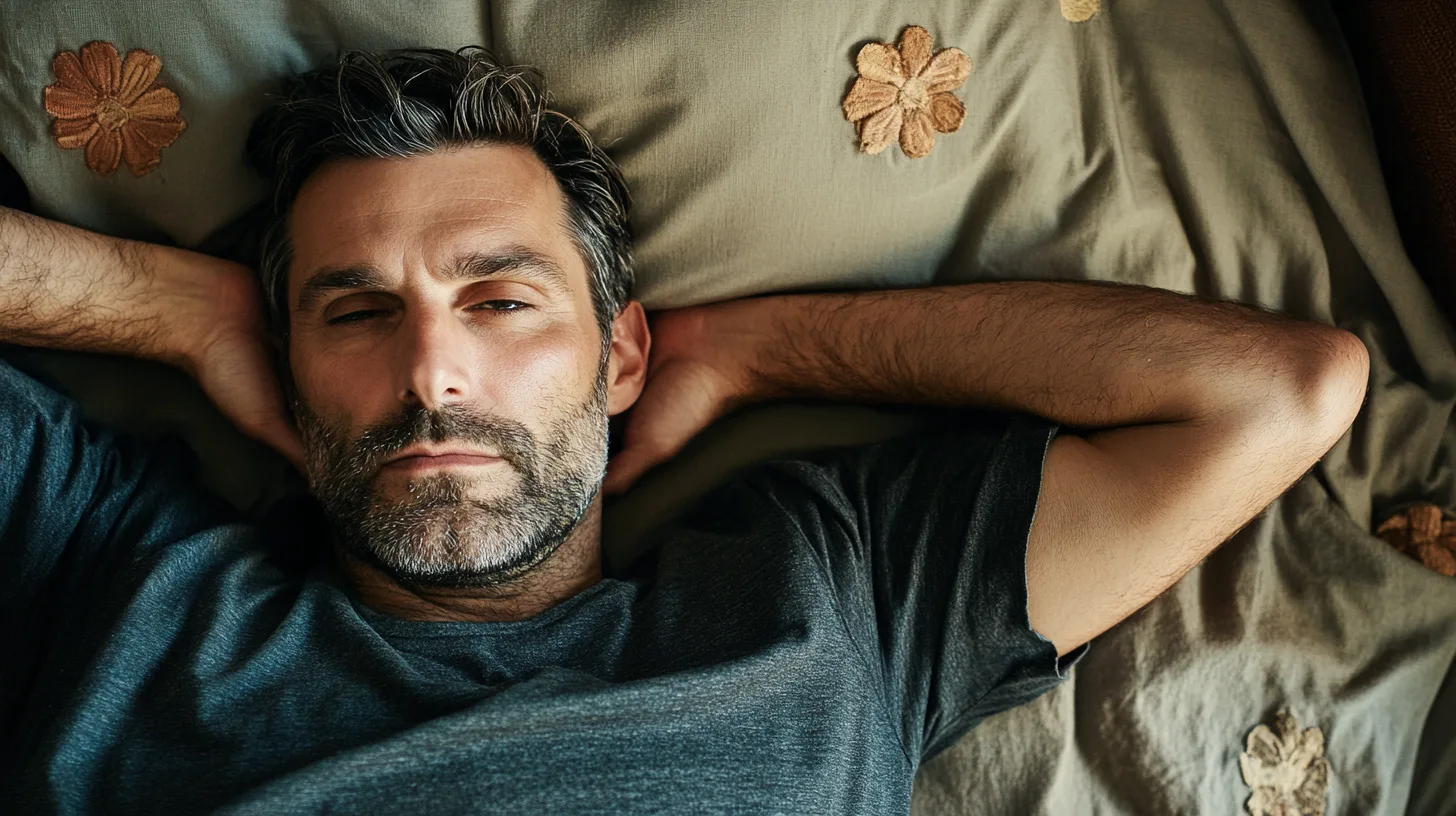 Bildbeskrivning: Midcent, avkopplad man i grå t-shirt ligger på en säng med armar bakom huvudet, omgiven av dekorativa blommor på täcket. Harmoni och vila i fokus. Hälsa.