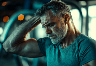 Bilden visar en man på gymmet som verkar eftertänksam eller trött. Hans muskulösa arm och avslappnade klädsel i grå t-shirt antyder en aktiv livsstil. Den suddiga bakgrunden av träningsutrustning förstärker temat av en hälsosam och aktiv vard