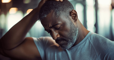 Mannen på bilden uttrycker tankfullhet och kanske trötthet. Med handen på huvudet verkar han reflektera över något viktigt. Den mjuka belysningen och hans avslappnade sportsliga tröja skapar en lugn atmosfär. Bilden kan användas för att illustrera koncept som stresshantering,