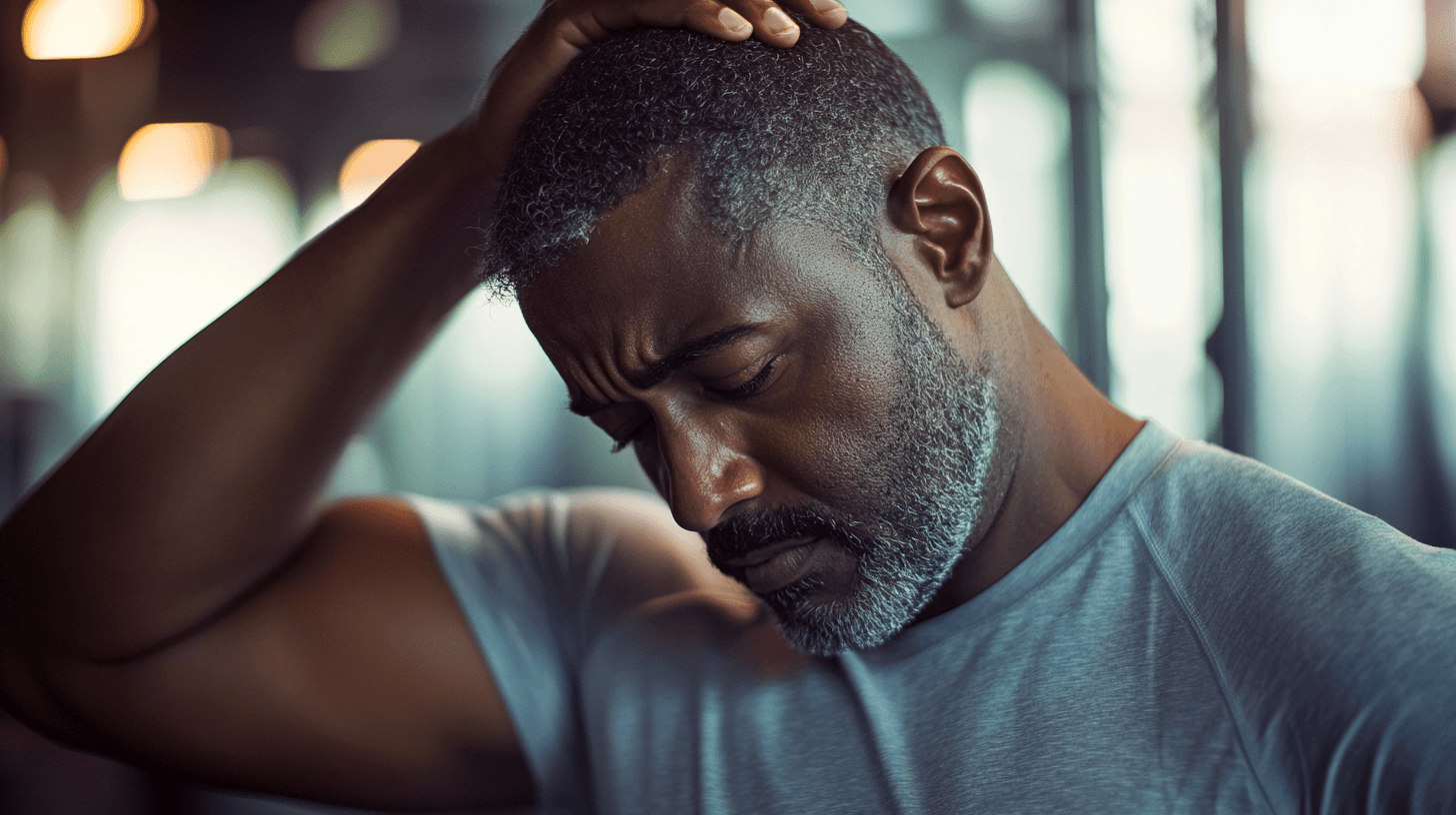 Mannen på bilden uttrycker tankfullhet och kanske trötthet. Med handen på huvudet verkar han reflektera över något viktigt. Den mjuka belysningen och hans avslappnade sportsliga tröja skapar en lugn atmosfär. Bilden kan användas för att illustrera koncept som stresshantering,