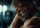Bilden visar en man med skägg som sitter i en gymmiljö och uttrycker fysisk smärta genom att hålla sin axel. Den stressade belysningen framhäver hans muskulösa överkropp och ansiktsdrag, vilket ger en intim och dramatisk känsla. Key elements include män