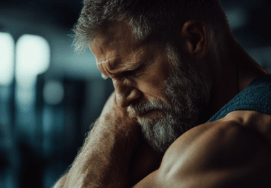 Bilden visar en man med skägg som sitter i en gymmiljö och uttrycker fysisk smärta genom att hålla sin axel. Den stressade belysningen framhäver hans muskulösa överkropp och ansiktsdrag, vilket ger en intim och dramatisk känsla. Key elements include män