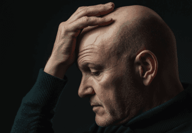 Midcent: En djupgående porträttbild av en man med handen mot huvudet, vilket förmedlar eftertänksamhet och introspektion. Mörk bakgrund förstärker den emotionella effekten. Kategori: Hälsa.