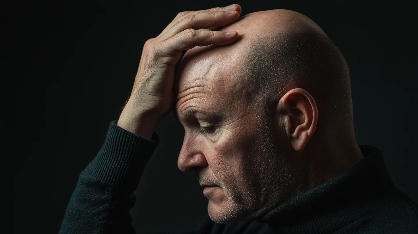 Midcent: En djupgående porträttbild av en man med handen mot huvudet, vilket förmedlar eftertänksamhet och introspektion. Mörk bakgrund förstärker den emotionella effekten. Kategori: Hälsa.