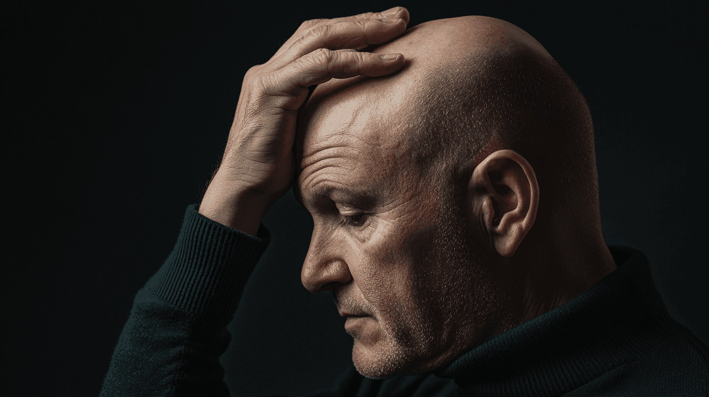 Midcent: En djupgående porträttbild av en man med handen mot huvudet, vilket förmedlar eftertänksamhet och introspektion. Mörk bakgrund förstärker den emotionella effekten. Kategori: Hälsa.
