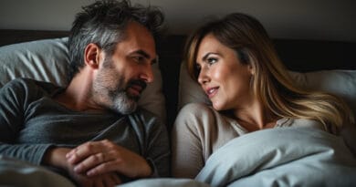 Denna bild visar ett par i en säng som tittar kärleksfullt på varandra. Mannen har grått hår och skägg, medan kvinnan har långt, blont hår. Deras avslappnade kroppsspråk och mjuka leenden skapar en varm och intim stämning. Detta foto