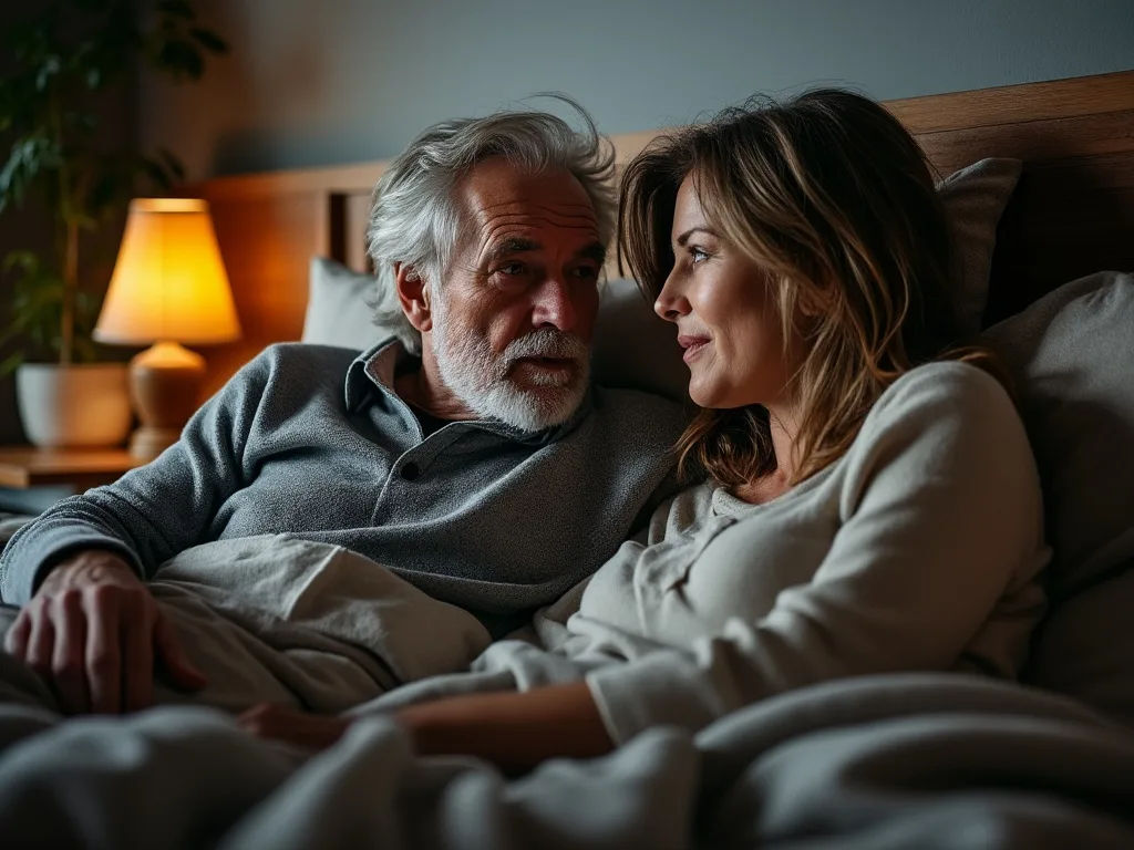 Bilden visar ett äldre par som ligger avslappnat i en mysig säng, omgiven av varm belysning och lugn atmosfär. De ser djupt in i varandras ögon och delar ett intimt ögonblick. Den mjuka belysningen från en sänglampa och den neutr