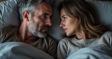 Ett par vilar i en mysig sovrumsmiljö. Bilden fångar ett ögonblick av närhet och intimitet, där båda blickar kärleksfullt på varandra. De ligger nerbäddade i mjuka, ljusa sängkläder som förstärker den varma