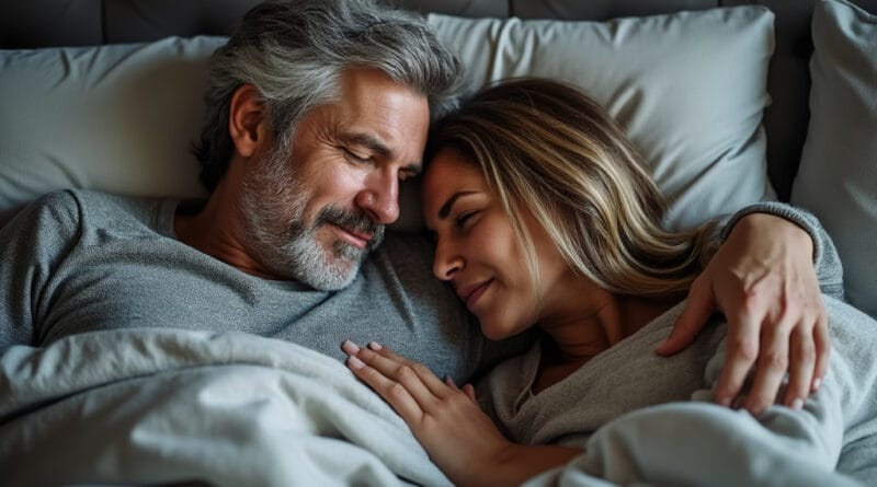 Denna bild porträtterar en kärleksfull och avslappnad stämning mellan ett par som ligger i sängen. De omfamnar varandra under det mjuka täcket, vilket skapar en känsla av närhet och trygghet. Med sina lugna ansiktsuttryck ser de ut att njuta av