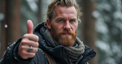 På bilden ser vi en man med skägg och vinterkläder som ger en tumme upp-gest i en snöig skog. Han har på sig en mörk jacka och en varm halsduk, vilket passar för det kyliga vintervädret. Den snötäckta bakgrunden framhäver en kän