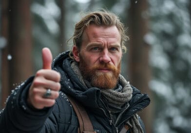 På bilden ser vi en man med skägg och vinterkläder som ger en tumme upp-gest i en snöig skog. Han har på sig en mörk jacka och en varm halsduk, vilket passar för det kyliga vintervädret. Den snötäckta bakgrunden framhäver en kän