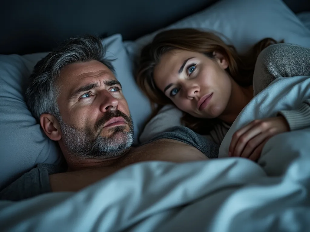 Bildbeskrivning: Ett par ligger i en säng, omgivna av dunkelt ljus, vilket skapar en kvällsstämning. Mannen med grått hår och skägg ser fundersam ut medan han blickar åt sidan. Kvinnan bredvid honom är vaken och ser eftertänksam ut.