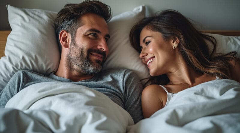 En leende man och kvinna ligger i en säng och tittar kärleksfullt på varandra. Detta foto framkallar en känsla av harmoni och närhet, perfekt för att illustrera ämnen som relationer, intimitet och morgonrutiner. Med ljus och naturlig belysning,