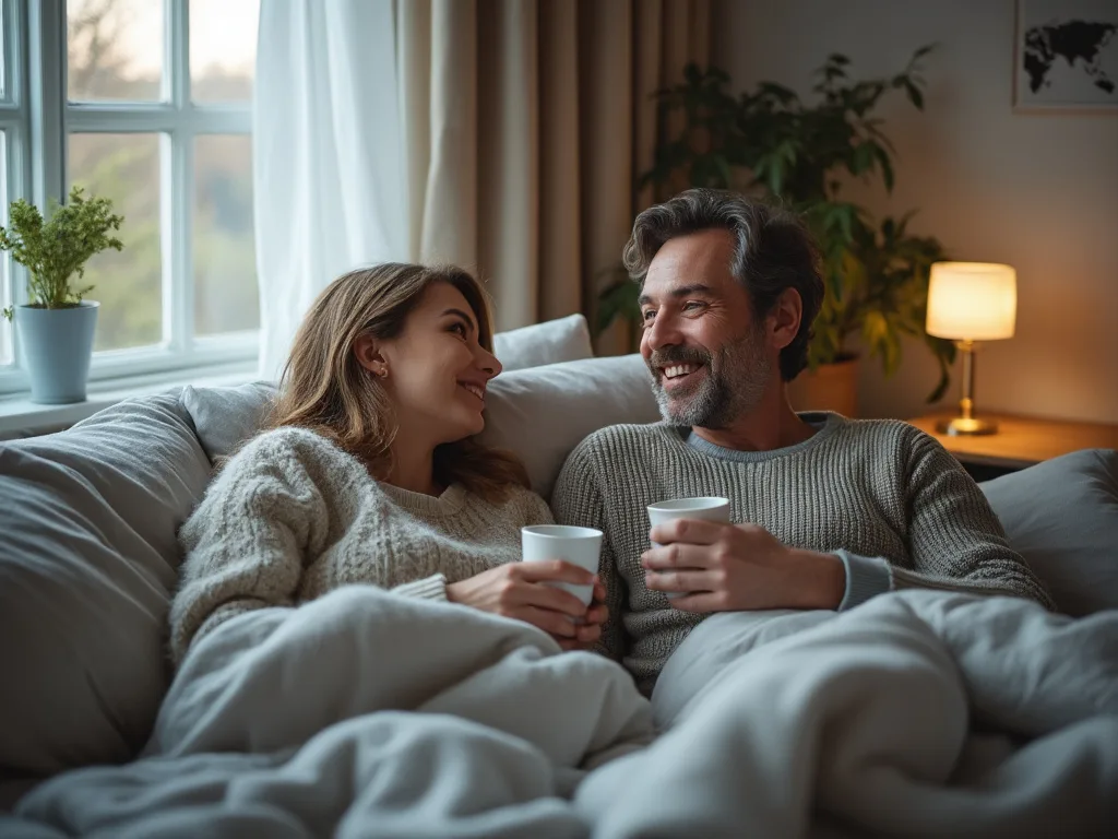 Mysigt par dricker kaffe i sängen en solig morgon. De ler mot varandra, omgivna av en hemtrevlig atmosfär med varm belysning och grönska. Ett par i stickade tröjor njuter av avslappning och gemenskap. Vardagslyx, av