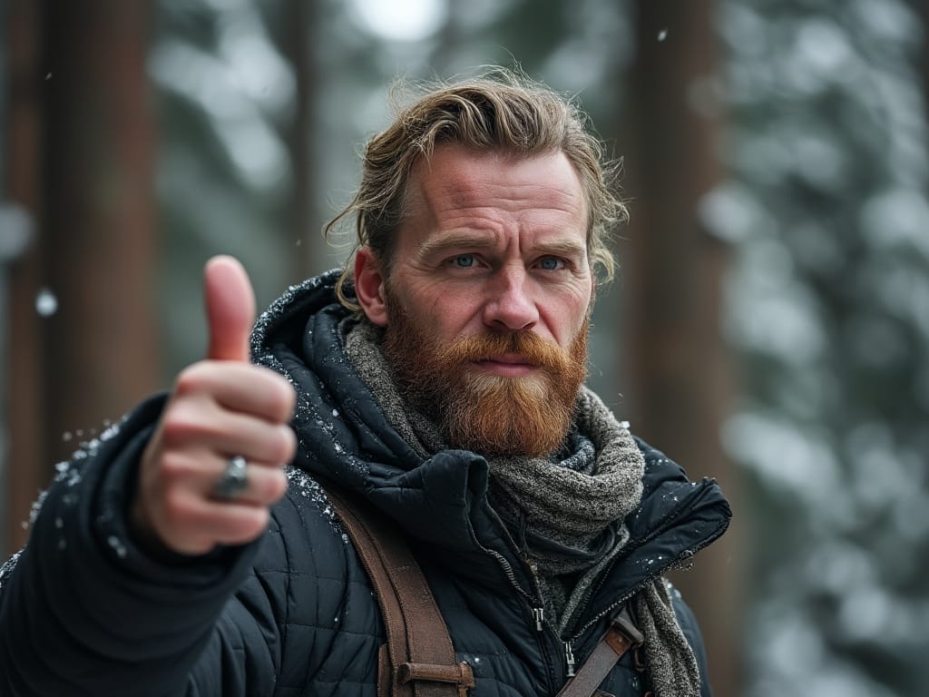 På bilden ser vi en man med skägg och vinterkläder som ger en tumme upp-gest i en snöig skog. Han har på sig en mörk jacka och en varm halsduk, vilket passar för det kyliga vintervädret. Den snötäckta bakgrunden framhäver en kän