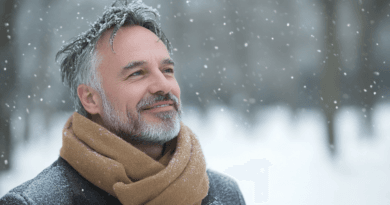 En man i vinterkläder står ute i snöfall, vilket förmedlar en känsla av lugn och glädje. Bilden kan kategoriseras under Hälsa, då den reflekterar välbefinnande i naturen. Midcent symboliserar en fridfull vinterdag som berikar sjä