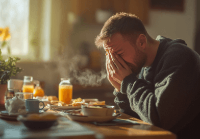 En man sitter vid ett frukostbord med varm dryck och apelsinjuice en solig morgon. Han håller händerna mot ansiktet, kanske trött eller fundersam. Bilden fångar den varma atmosfären med ånga som stiger från drycken. Njut av en avkopplande