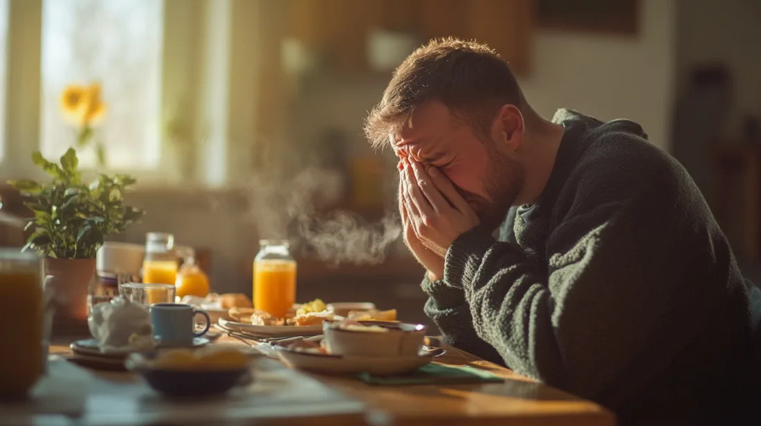 En man sitter vid ett frukostbord med varm dryck och apelsinjuice en solig morgon. Han håller händerna mot ansiktet, kanske trött eller fundersam. Bilden fångar den varma atmosfären med ånga som stiger från drycken. Njut av en avkopplande