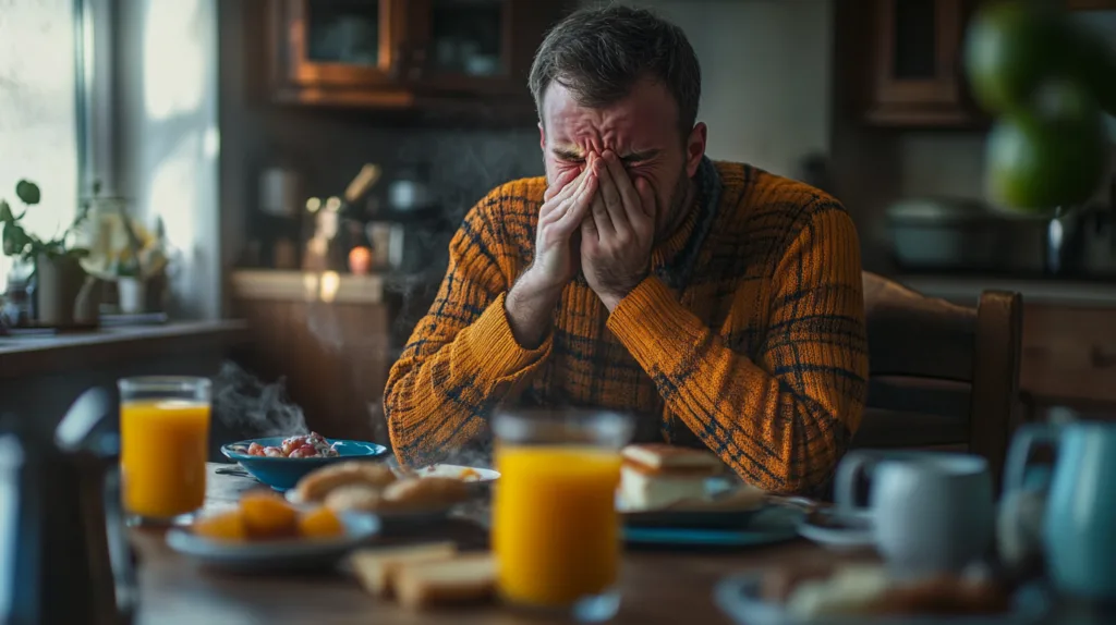 Här är en bild av en man i en orange tröja som sitter vid ett frukostbord. Han ser trött ut och gnuggar ögonen med händerna. På bordet finns frukostmat som juice, bröd och en tallrik med mat ångande varm. Den mysiga köksmiljön