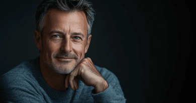 Porträttbild på en man i medelåldern med grå tröja, sittande mot en mörk bakgrund. Hans avslappnade uttryck förmedlar visdom och livserfarenhet. Perfekt för kategorin Hälsa, bilden kan associeras med balans och välbefinnande. Använd den