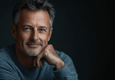 Porträttbild på en man i medelåldern med grå tröja, sittande mot en mörk bakgrund. Hans avslappnade uttryck förmedlar visdom och livserfarenhet. Perfekt för kategorin Hälsa, bilden kan associeras med balans och välbefinnande. Använd den