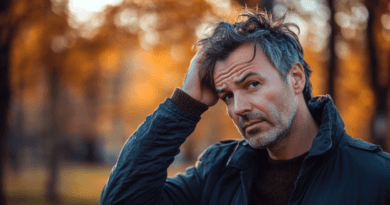 Mannen på bilden, med gråsprängt hår och en tankfull blick, står i en höstligt färgad park. Hans avslappnade klädsel fångar en känsla av introspektion och tidens gång. Perfekt för kategorin Samhälle, Midcent ger en inblick i åldrande med stil