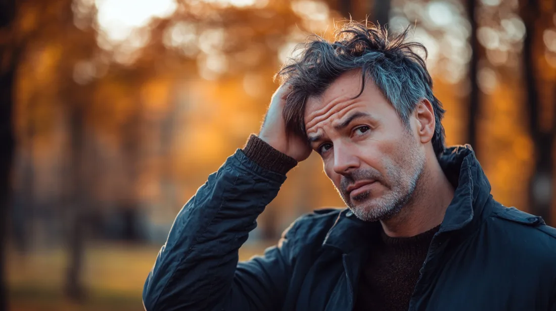 Mannen på bilden, med gråsprängt hår och en tankfull blick, står i en höstligt färgad park. Hans avslappnade klädsel fångar en känsla av introspektion och tidens gång. Perfekt för kategorin Samhälle, Midcent ger en inblick i åldrande med stil