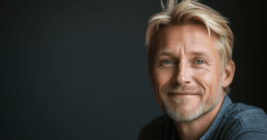 Den här bilden föreställer en medelålders man med blont hår och skägg, som ler vänligt mot kameran. Bakgrunden är mörk vilket framhäver mannens ansikte på ett effektfullt sätt. Bilden förmedlar en känsla av trygghet och personlighet, perfekt för artiklar
