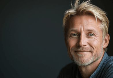 Den här bilden föreställer en medelålders man med blont hår och skägg, som ler vänligt mot kameran. Bakgrunden är mörk vilket framhäver mannens ansikte på ett effektfullt sätt. Bilden förmedlar en känsla av trygghet och personlighet, perfekt för artiklar