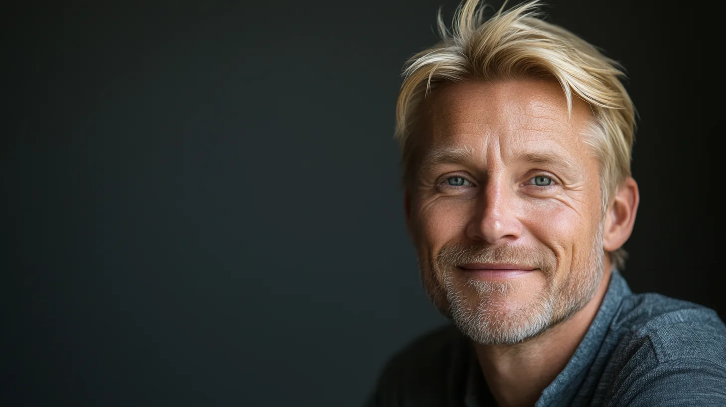 Den här bilden föreställer en medelålders man med blont hår och skägg, som ler vänligt mot kameran. Bakgrunden är mörk vilket framhäver mannens ansikte på ett effektfullt sätt. Bilden förmedlar en känsla av trygghet och personlighet, perfekt för artiklar