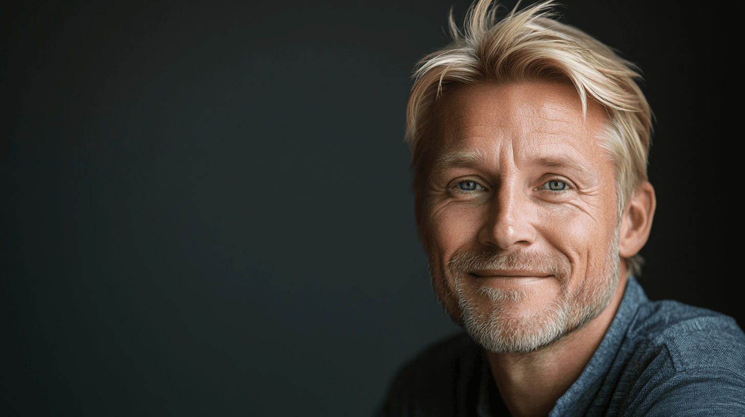Den här bilden föreställer en medelålders man med blont hår och skägg, som ler vänligt mot kameran. Bakgrunden är mörk vilket framhäver mannens ansikte på ett effektfullt sätt. Bilden förmedlar en känsla av trygghet och personlighet, perfekt för artiklar