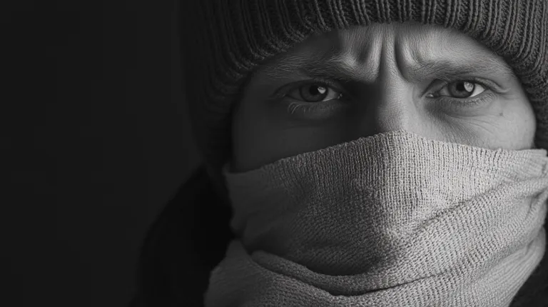 Svartvit porträttbild av en person med stickad mössa och halsduk täckande munnen, perfekt för att illustrera vintermode eller kyla. Bilden fångar en känsla av mystik och intensitet med fokus på ögonen som uttrycker beslutsamhet och styrka. Den mjuka, stick