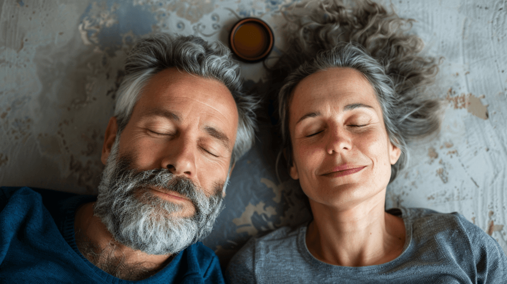 Avkoppling och harmoni präglar denna bild där ett medelålders par ligger sida vid sida med slutna ögon. Bilden utstrålar lugn och fredfullhet, perfekt för teman som mindfulness och lycka i vardagen. De mjuka färgerna och den återhållsamma atmosfären för