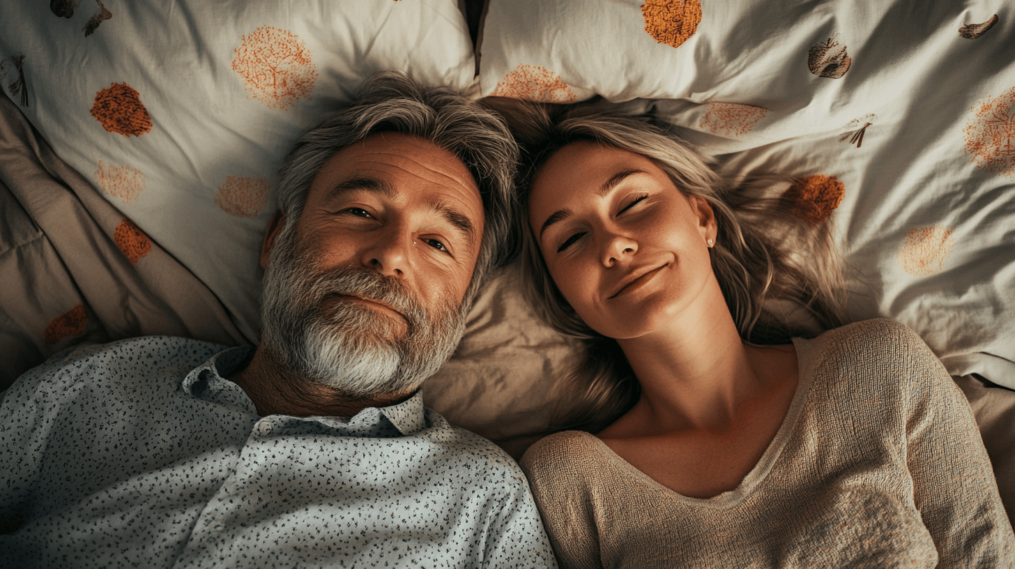 Bildens nyckelord: avkoppling, gemenskap, föräldraskap, lycka.En äldre man och en yngre kvinna vilar tillsammans på en säng, vilket framhäver en atmosfär av lycka och avkoppling. Denna bild illustrerar ett ögonblick av gemenskap och närhet