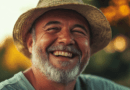 Bild av en leende äldre man som bär en stråhatt och en ljus tröja. Solnedgången i bakgrunden ger ett varmt och inbjudande sken, vilket förstärker känslan av glädje och frid. Närbilden fångar mannens glada uttryck och de