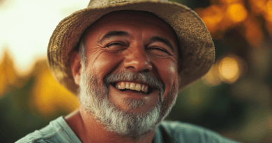Bild av en leende äldre man som bär en stråhatt och en ljus tröja. Solnedgången i bakgrunden ger ett varmt och inbjudande sken, vilket förstärker känslan av glädje och frid. Närbilden fångar mannens glada uttryck och de
