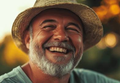 Bild av en leende äldre man som bär en stråhatt och en ljus tröja. Solnedgången i bakgrunden ger ett varmt och inbjudande sken, vilket förstärker känslan av glädje och frid. Närbilden fångar mannens glada uttryck och de