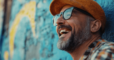 Glad man i modern stil och mustasch ler mot en färgglad väg. Utomhusfotografi med fokus på glädje och mode. Personen har glasögon och en trendig gul basker, vilket ger en urban känsla. Den blå och gula bakgrunden skapar en livlig och positiv atmosfär. Perfekt