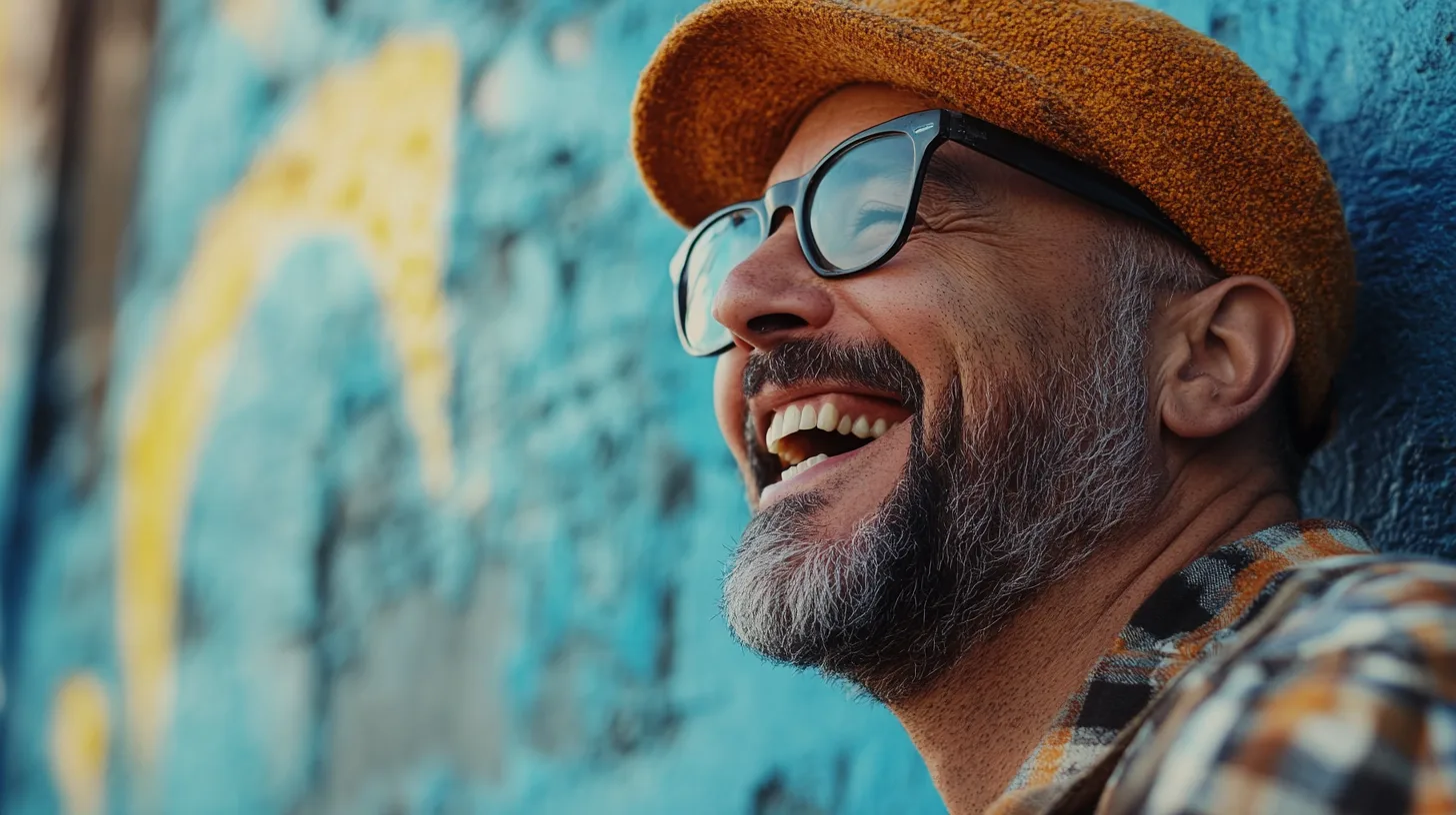 Glad man i modern stil och mustasch ler mot en färgglad väg. Utomhusfotografi med fokus på glädje och mode. Personen har glasögon och en trendig gul basker, vilket ger en urban känsla. Den blå och gula bakgrunden skapar en livlig och positiv atmosfär. Perfekt