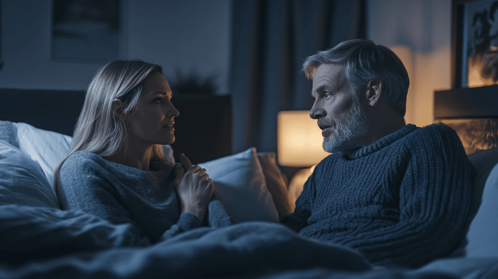 Bildbeskrivning: Ett medelålders par sitter i en lugn sovrumsmiljö, iklädda varma tröjor. De har en djup och meningsfull konversation, belysta av en mjuk lampa i bakgrunden. Kvinnan ser tankfull ut medan mannen lyssnar uppmär