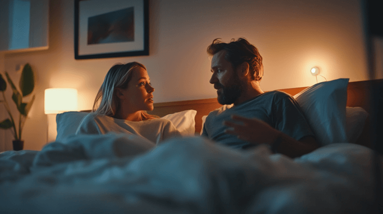 En kvällsbild av ett par i samtal i sovrumsmiljö. Med mjuk belysning och en avslappnad atmosfär sitter de upp i sängen och diskuterar. Den dämpade ljussättningen skapar en intim och harmonisk stämning, perfekt för förtroliga samtal