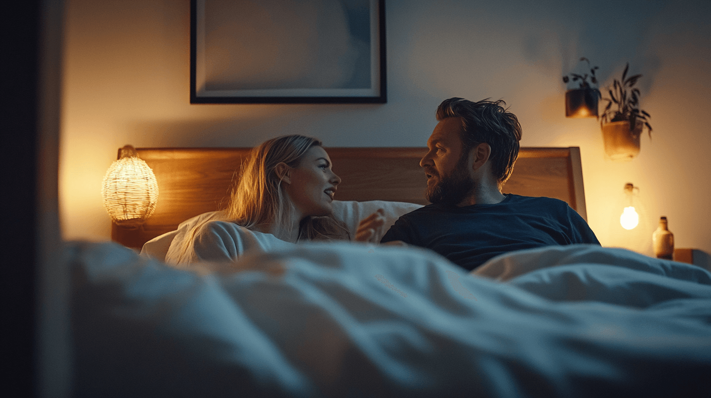 En varm och mysig scen i sovrummet visar ett par som ligger i sängen. Deras ansikten är upplysta av mjukt sken från sänglampor och vägglampor. Den hemtrevliga och intima atmosfären skapar en känsla av komfort och närhet. Väggdekoration