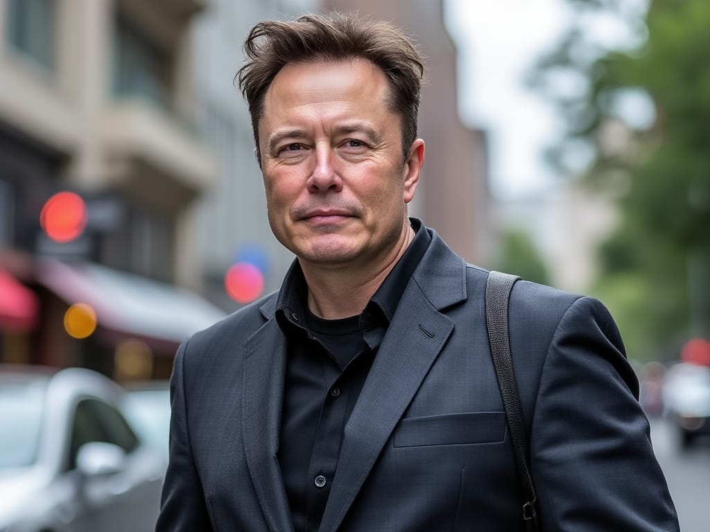 Elon MUsk går på en stadsgata, omgiven av oskarpa fordon och stämningsbelysning. Midcent - Samhälle.