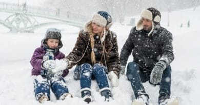 Så överlever du vintern: Träning och äventyr när det är kallt Happy family enjoying playful time in snowy winter park, capturing joyful moments in nature.
